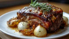 Schweinenacken mit Zwiebeln und einem kleinen Geheimnis für Saftigkeit.